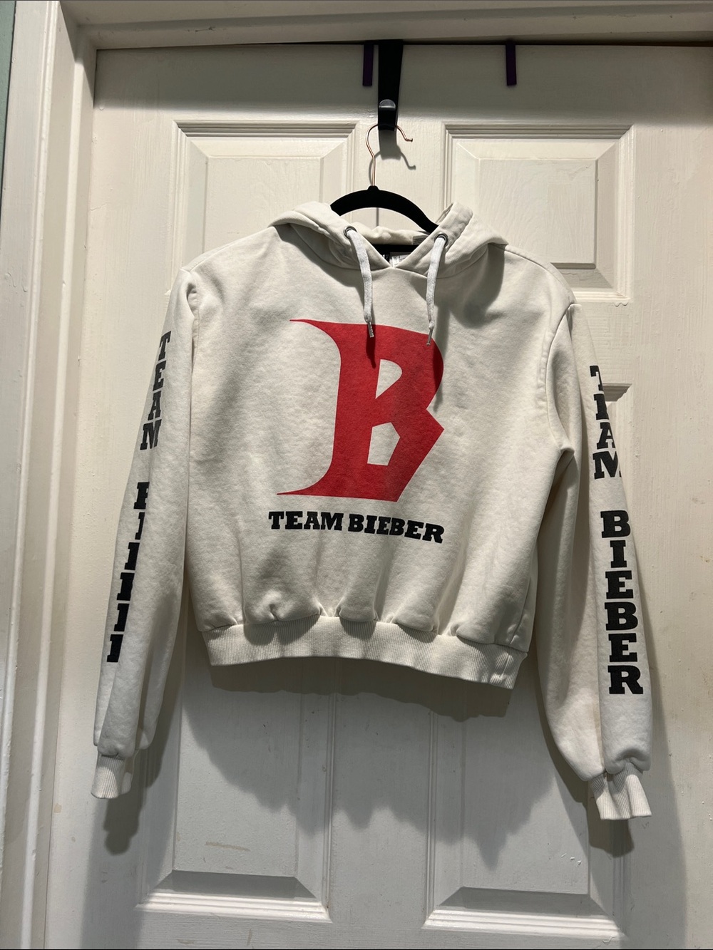Justin Bieber Crewneck Hoodie in White with Red Logo